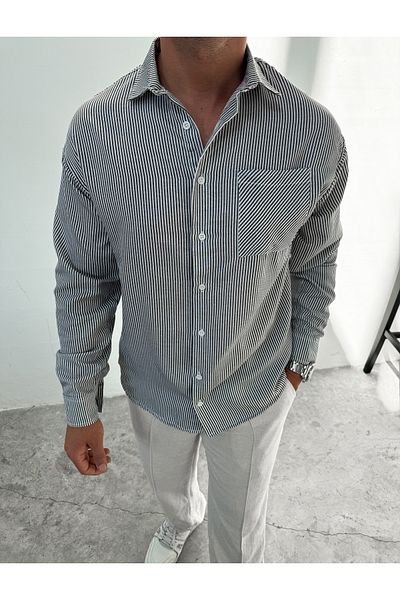 King Brothers Black Striped Cotton Men's Shirt - Pocket, Long Sleeve, Loose Fit