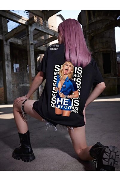 weywot تي شيرت أسود مطبوع عليه مايلي سايروس من الأمام/الخلف للجنسين