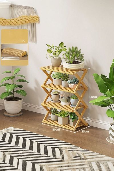 Sezka Life Bamboo 4-Tier Foldable Organizer Rack Flower Pot Organizer Multi-Purpose Rack