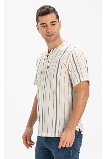 Eliş Şile Bezi Large Size Short Sleeve Sile Cloth Studded Men's Summer T-Shirt Ecru Gray Striped 3028
