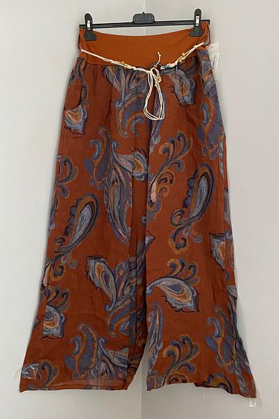 AYASOFYA OTANTIK Women's Italian Tan Rope Belt Detailed Loose Wide Leg Linen Trousers with Side Pockets