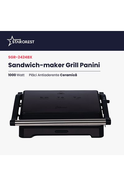 STARCREST Sandwich-maker Grill Panini STARCREST SGR-2424BX, 1000 W, Deschidere 180°, Negru/Dark inox
