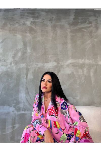 solena sln Women's Special Design Animal Patterned Satin Shirt Pants Double Set