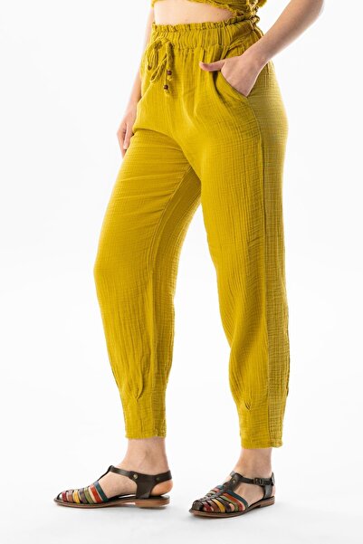 Eliş Şile Bezi Muslin Carrot Summer Trousers Oil Green Ygysl