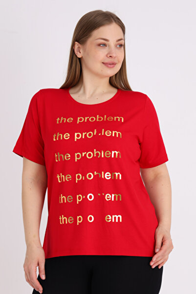 İntensive Red Short Sleeve Printed Women's Large Size Comfortable Fit T-Shirt