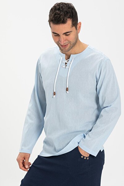 Eliş Şile Bezi Ανδρικό καλοκαιρινό μπλουζάκι με μακρύ μανίκι με καρφώματα μεγάλου μεγέθους Şile, Ice Blue 3027