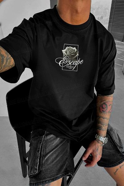Millionaire Men's Black Black Rose Oversize Fit Loose Wide Fit Loose Cut T-Shirt