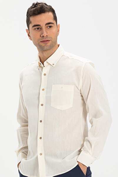 Eliş Şile Bezi Ανδρικό καλοκαιρινό πουκάμισο με μακρυμάνικο στενό ύφασμα Sile μονή τσέπη Cream 3002