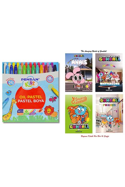 Pensan Kidz Cardboard Box Crayon 24 Colors and the Amazing Gumball Coloring Book 4 Pieces 16 Pages Hedye