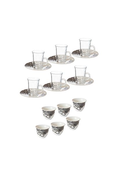 Dania 18-piece glass and porcelain tea and coffee set, consisting of 6 cups + 6 tea saucers + 6 Saudi coffee cups