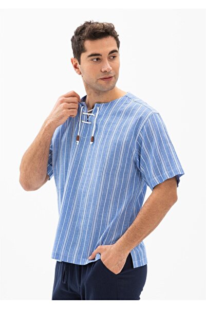 Eliş Şile Bezi Ανδρικό καλοκαιρινό μπλουζάκι με κοντό μανίκι Sile υφασμάτινο καρφιτσωμένο μπλε λευκό ριγέ 3019