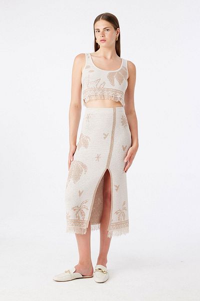 Rue Studio Crop Top Ecru cu bretele cu ciucuri