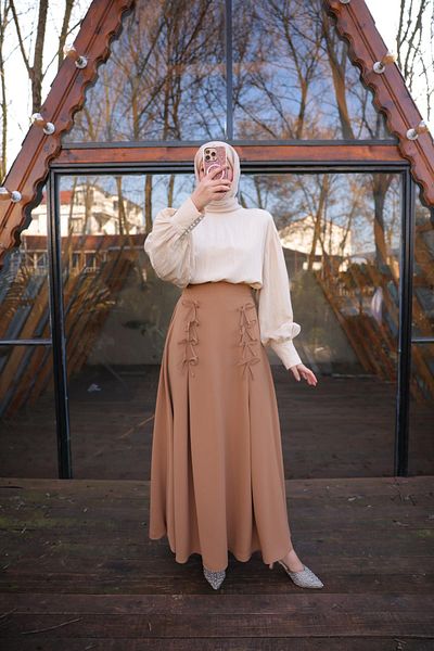 Nissra Ankanoor Dark Camel Bow Λινό Φούστα Anka257554