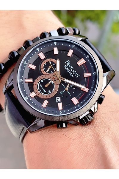 Ferrucci Leather Cord Steel Case Function Men's Wristwatch + Bracelet with Gift