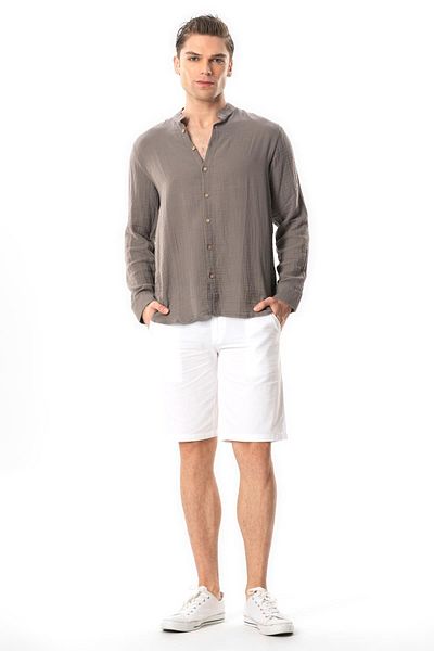 Eliş Şile Bezi Gray Gray Long Sleeve Judge Collar Men's Muslin Summer Shirt