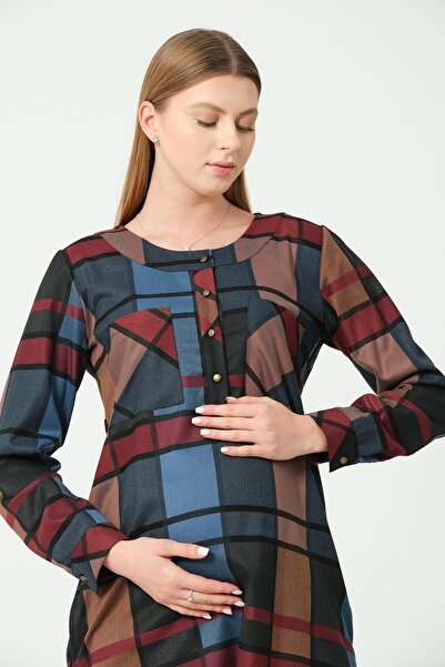 BUSA Hamile Ekose Önden Düğmeli Elbise BORDO