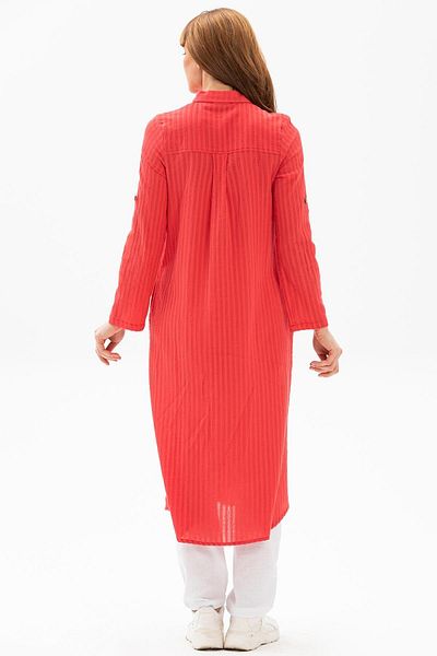 Eliş Şile Bezi Long Sleeve Collared Seersucker Seasonal and Summer Tunic Coral Mrcn