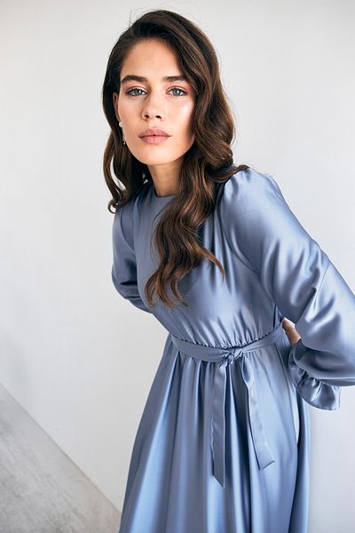 VAVİNOR Baby Blue Liza Satin Dress - Belted