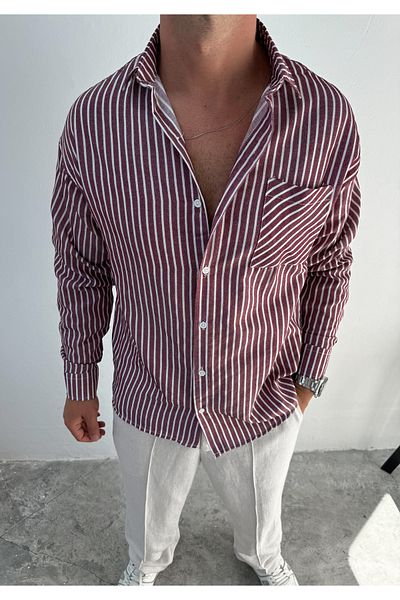 King Brothers Claret Red White Striped Oversize Shirt - Pocket and Button
