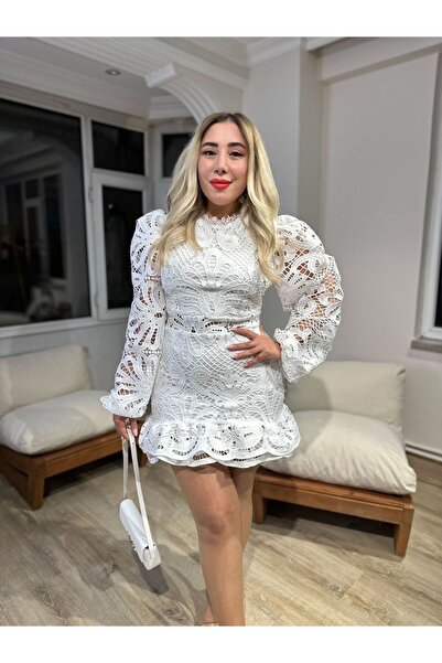 gülcanla moda Beyaz Güpürlü Mini Elbise
