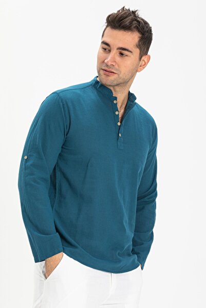 Eliş Şile Bezi Ανδρικό καλοκαιρινό μπλουζάκι μακρυμάνικο Slub Cotton petrol 9005