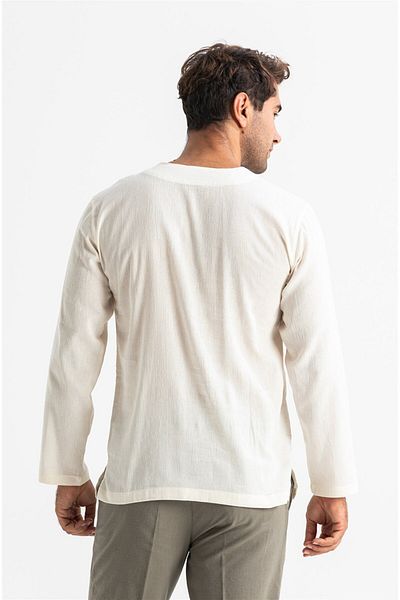 Eliş Şile Bezi Μακρυμάνικο ύφασμα Sile Crew Neck Ethnic Ανδρικό καλοκαιρινό μπλουζάκι Κρεμ χρώμα