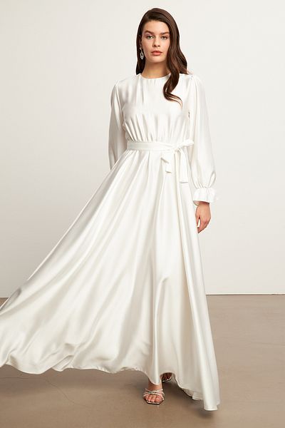 VAVİNOR Liza Belted Satin Dress - Ecru