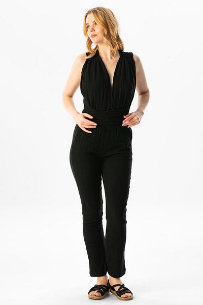 Eliş Şile Bezi Sleeveless Alisa Chile Cloth Back Detail Tie-Up Summer Jumpsuit Black Syh