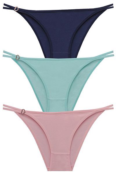 papatya lingerie Economical 3-Pack Multi-Colored Panties with Heart Buckle Inside (Navy, Mint, Rose, Dry)