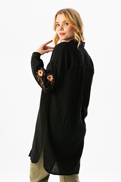 Eliş Şile Bezi Uzun Kol Deste Gömlek Yaka Yazlık Müslin Tunik Siyah Syh