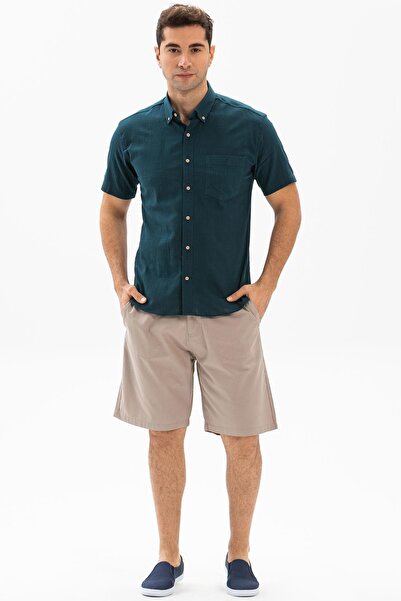 Eliş Şile Bezi Cămașă de vară - mânecă scurtă, slim fit Şile Cloth cu un singur buzunar pentru bărbați Dark Petrol 3069