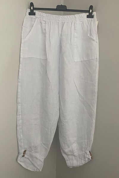 AYASOFYA OTANTIK Women's Italian White Elastic Waist Pocket Pocket Long Loose Linen Trousers