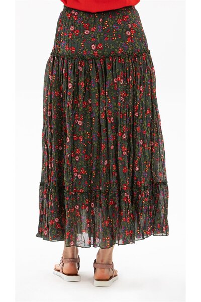 Eliş Şile Bezi Buse Voile Long Summer Skirt Bud Pattern Green 6170