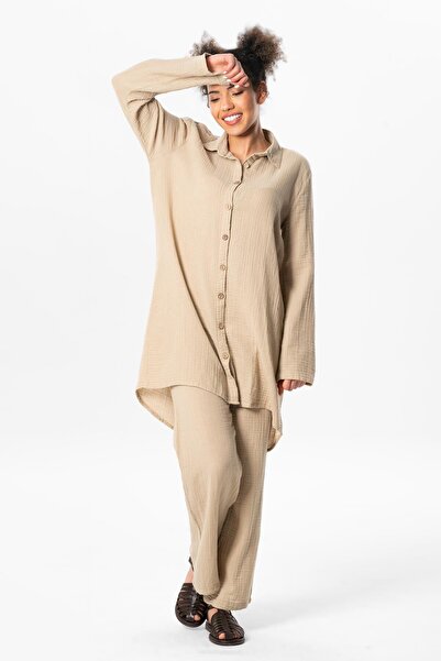 Eliş Şile Bezi Лятна муселиновена туника от норка с дълъг сгъваем ръкав и яка от седанур