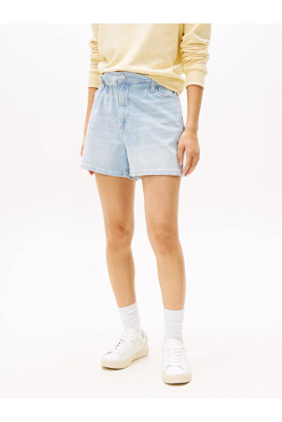 Tommy Hilfiger Kadın Elastik Belli Çizgi Desenli Esnek Pamuklu Kısa Denim Mav...