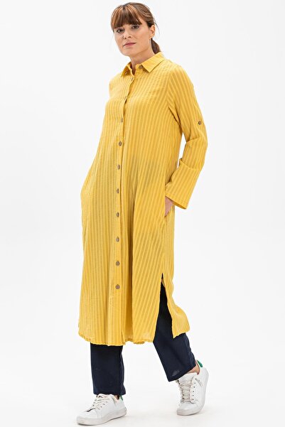 Eliş Şile Bezi Long Sleeve Collared Seersucker Seasonal and Summer Tunic Yellow Yellow