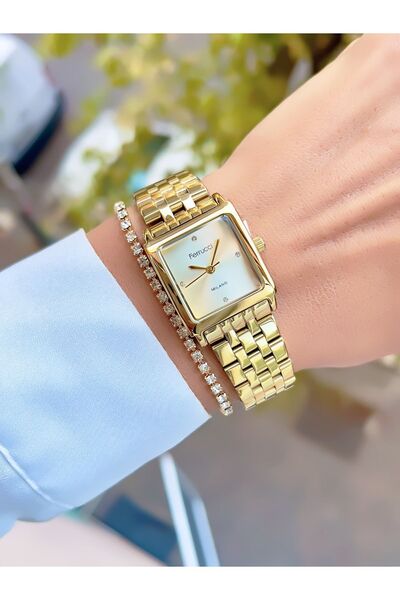 Ferrucci ساعة يد نسائية بسوار فولاذي مربعة الشكل مقاومة للماء 3 ATM + سوار هدية