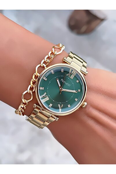 Ferrucci ساعة يد نسائية مقاومة للماء بسعة 3 ATM من الفولاذ + سوار هدية