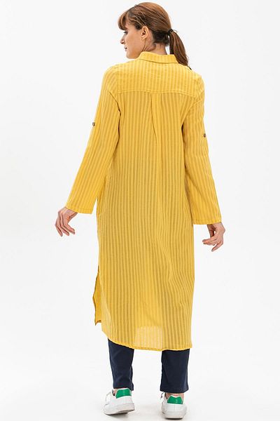 Eliş Şile Bezi Seersucker Seasonal and Summer Tunic with Long Sleeve Collar Yellow Yellow