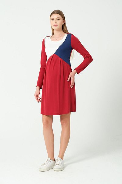 BUSA Red Color Long Sleeve Dress - Block Motif Intermediate Length