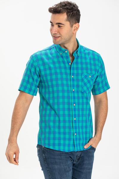 Eliş Şile Bezi Μεγάλου μεγέθους κοντομάνικο υφασμάτινο μονότσεπο ανδρικό πουκάμισο μέντα Checked 3033