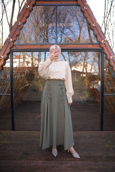 Nissra Ankanoor Light Khaki Bow Linen Skirt Anka 257554