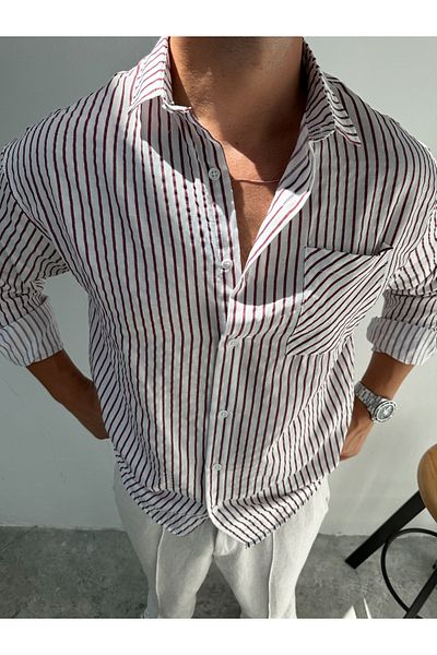 King Brothers Λευκό Claret Red ριγέ πουκάμισο oversize - με τσέπες και κουμπιά