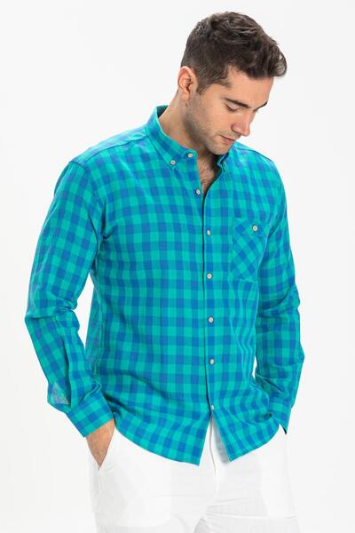 Eliş Şile Bezi Long Sleeve Slim Fit Şile Cloth Single Pocket Men's Summer Shirt Mint Checkered 3033