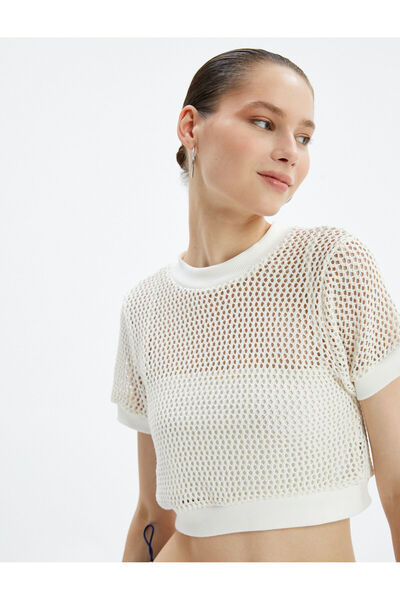 Koton Crop Mesh T-Shirt Short Sleeve Crew Neck