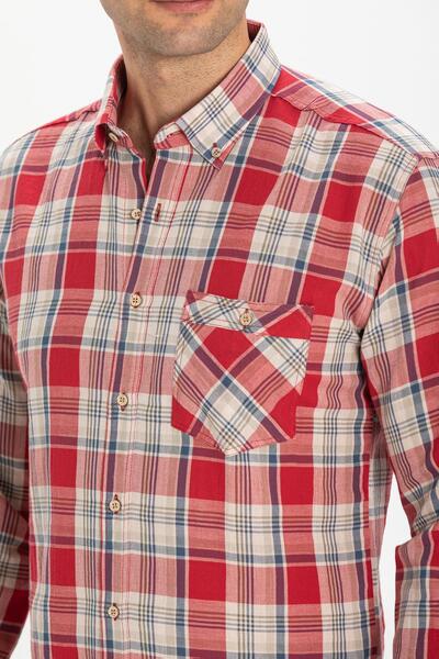 Eliş Şile Bezi Long Sleeve Narrow Fit Şile Cloth Single Pocket Men's Summer Shirt Red Navy Blue Plaid 3057
