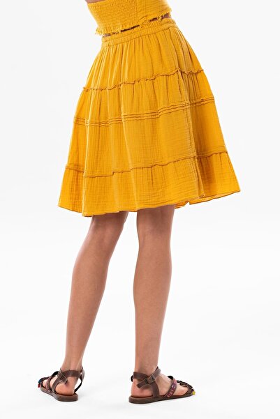 Eliş Şile Bezi Benan Elastic Waist Short Summer Muslin Skirt Mustard Hrd
