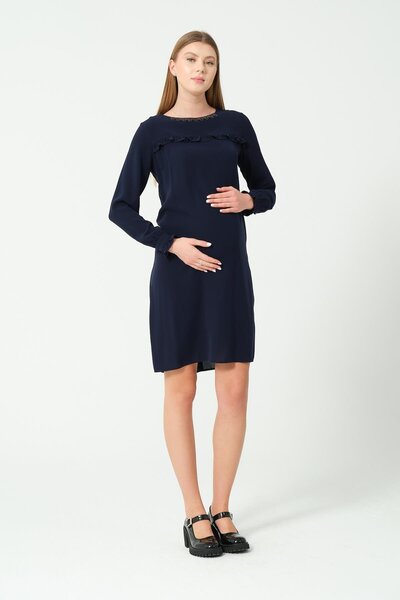 BUSA Hamile Uzun Kollu Ara Boy Abiye Elbise LACİVERT