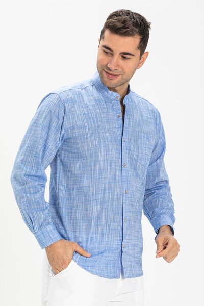 Eliş Şile Bezi Довгорукавна сорочка з коміром-стійкою та однією кишенею для чоловіків, літня, синя, вкраплена, 3077