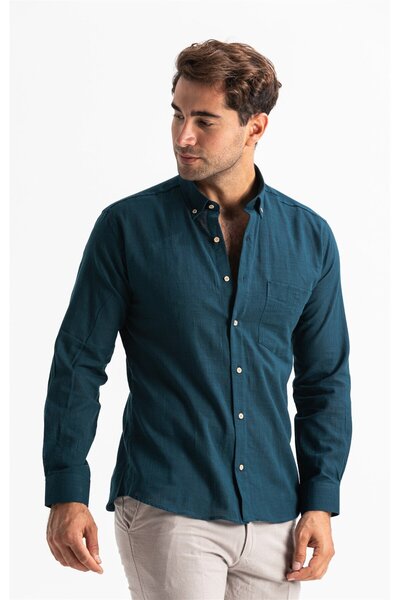 Eliş Şile Bezi Довгий рукав, вузький крій, шильська тканина, чоловіча літня сорочка з однією кишенею, темно-синій 3069